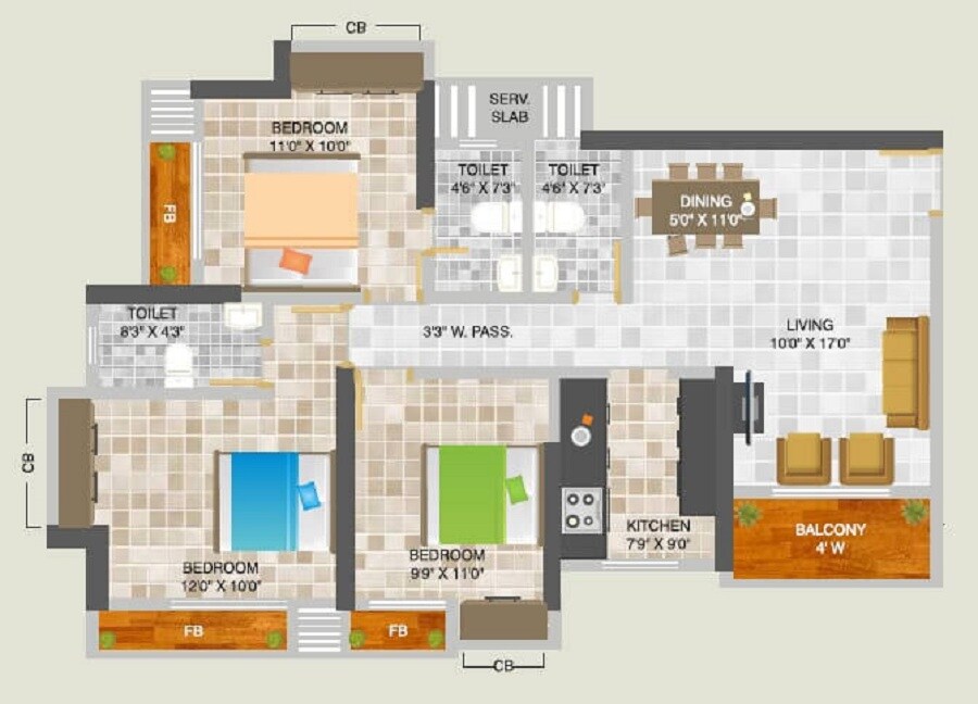 Floor plan of 3 BHK 842 Sq. Ft. Apartment in Siddhi Highland Park Phase 2, Thane