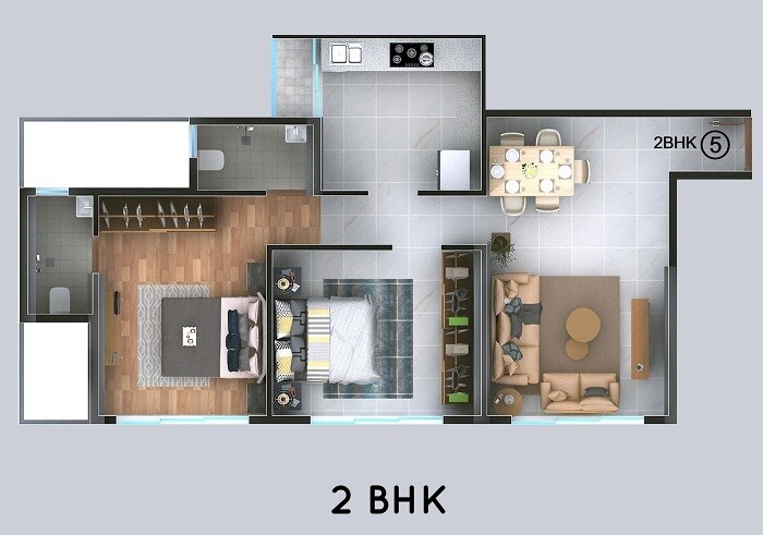 Floor plan of 2 BHK 707 Sq. Ft. Apartment in Highland Windson Heights, Thane