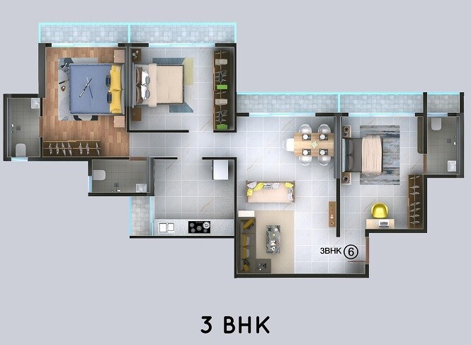 Floor plan of 3 BHK 992 Sq. Ft. Apartment in Highland Windson Heights, Thane