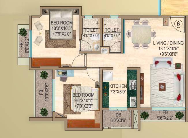 Floor plan of 2 BHK 577 Sq. Ft. Apartment in Siddhivinayak Florentia, Thane