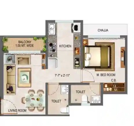 Floor plan of 1 BHK 416 Sq. Ft. Apartment in Siddhivinayak Kasturi Blossom, Thane
