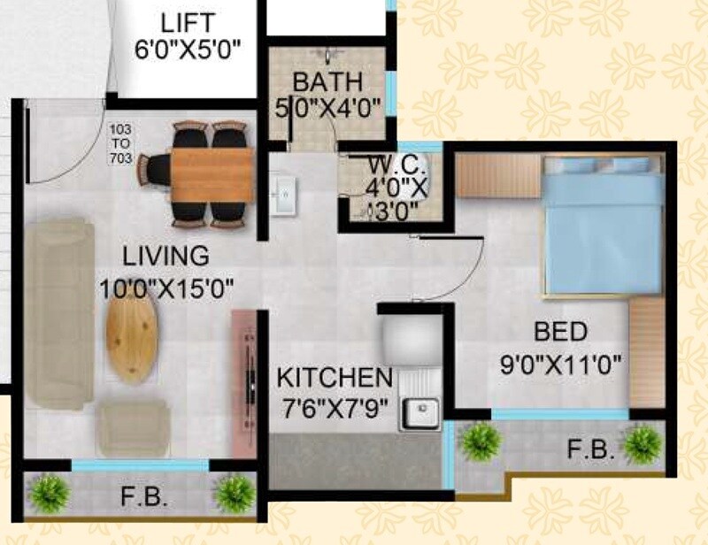 Floor plan of 1 BHK 425 Sq. Ft. Apartment in Siddhivinayak Sai Siddhi Residency, Thane