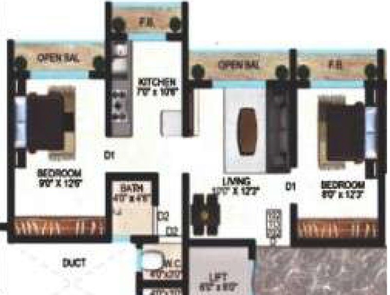 Floor plan of 2 BHK 430 Sq. Ft. Apartment in Siddhivinayak Sai Siddhi Residency, Thane