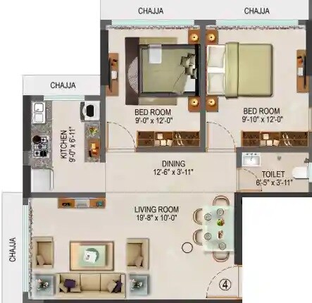 Floor plan of 2 BHK 623 Sq. Ft. Apartment in Siddhivinayak Shreeji Angarika, Thane