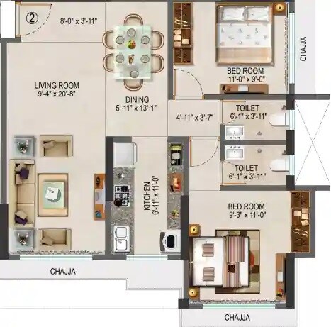 Floor plan of 2 BHK 707 Sq. Ft. Apartment in Siddhivinayak Shreeji Angarika, Thane