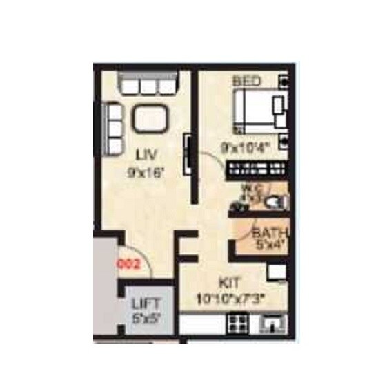 Floor plan of 1 BHK 675 Sq. Ft. Apartment in Siddhivinayak Vedant Vatika, Thane