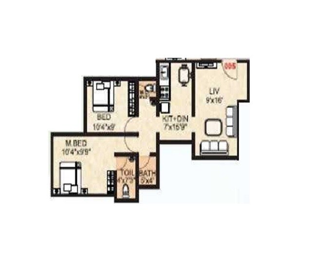 Floor plan of 2 BHK 825 Sq. Ft. Apartment in Siddhivinayak Vedant Vatika, Thane
