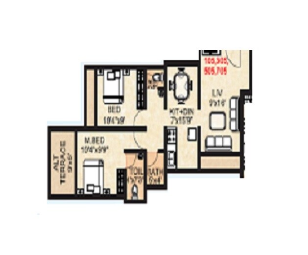 Floor plan of 2 BHK 950 Sq. Ft. Apartment in Siddhivinayak Vedant Vatika, Thane