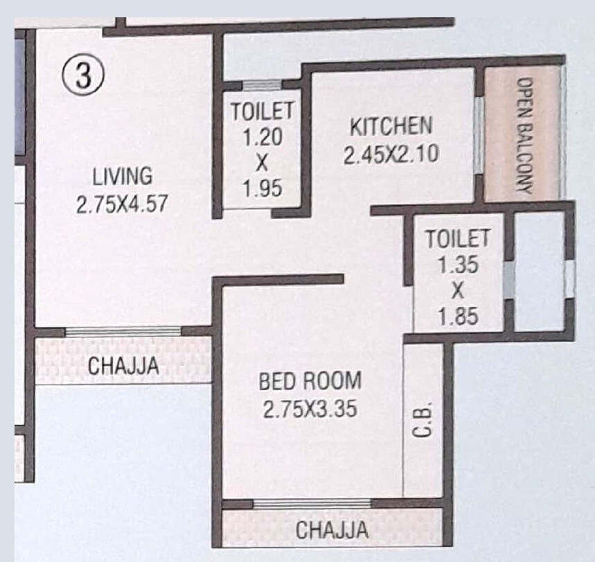 Floor plan of 1 BHK 351 Sq. Ft. Apartment in Siddique Basera Heights, Thane