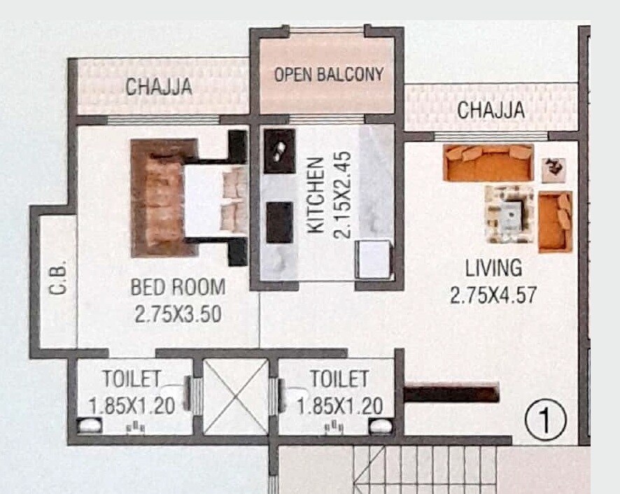 Floor plan of 1 BHK 384 Sq. Ft. Apartment in Siddique Basera Heights, Thane
