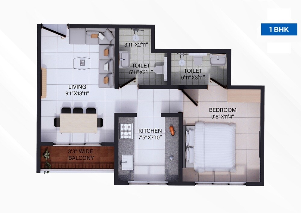 Floor plan of 1 BHK 418 Sq. Ft. Apartment in Sikeria Sahyadri Elite, Thane