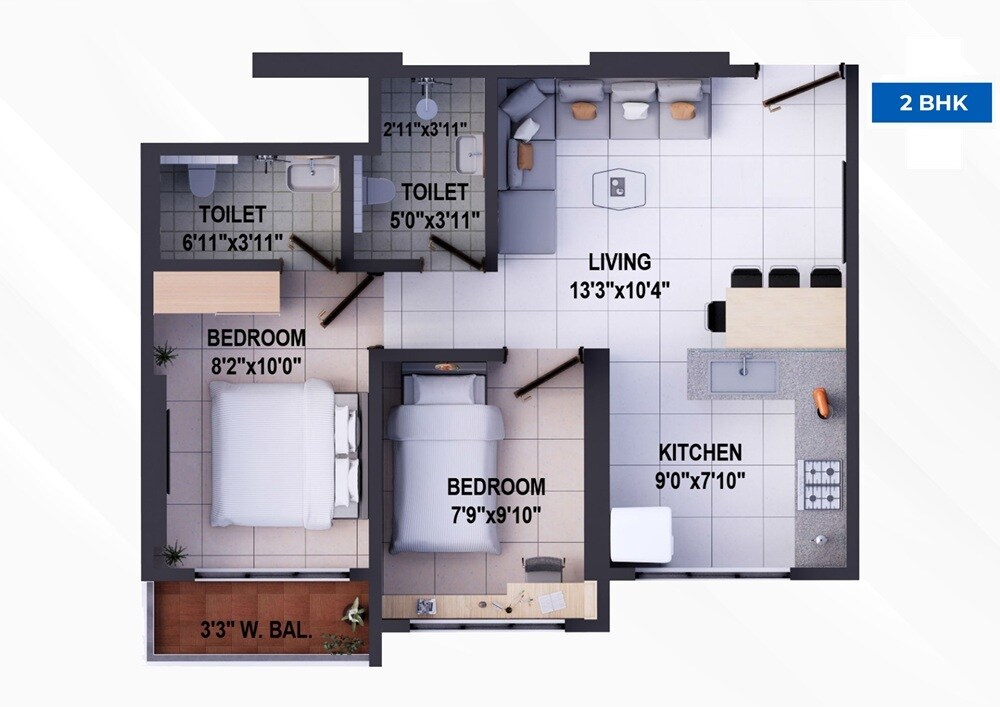 Floor plan of 2 BHK 515 Sq. Ft. Apartment in Sikeria Sahyadri Elite, Thane