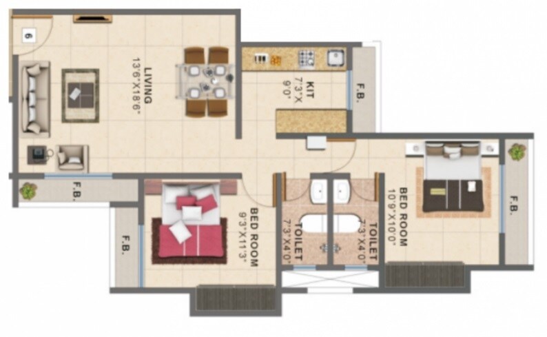 Floor plan of 2 BHK 1050 Sq. Ft. Apartment in Silver Enclave, Thane