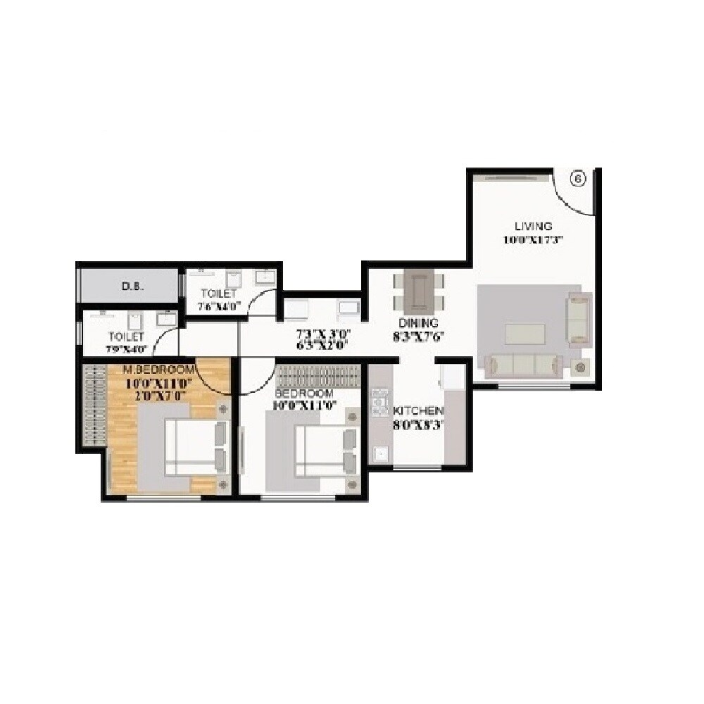 Floor plan of 2 BHK 782 Sq. Ft. Apartment in Silver Lifestyle, Thane