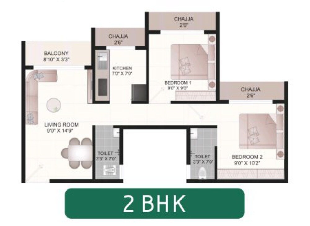Floor plan of 2 BHK 556 Sq. Ft. Apartment in Silverleaf Hitech Park, Thane