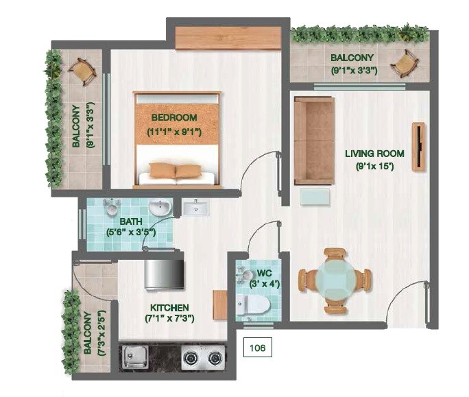 Floor plan of 1 BHK 449 Sq. Ft. Apartment in Silverleaf J Wing, Thane