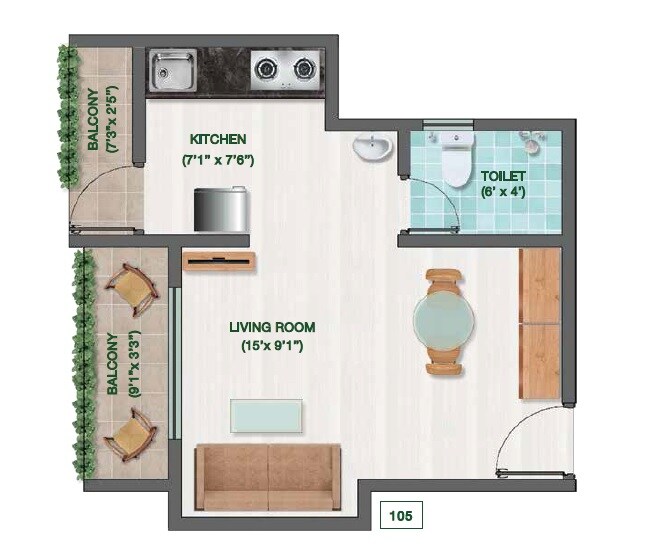 Floor plan of 277 Sq. Ft. Studio in Silverleaf J Wing, Thane