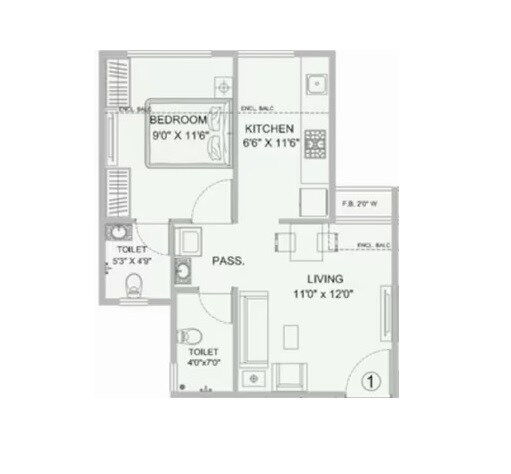 Floor plan of 1 BHK 397 Sq. Ft. Apartment in Siteman Swapnalok, Thane