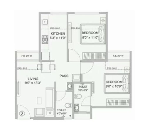 Floor plan of 2 BHK 428 Sq. Ft. Apartment in Siteman Swapnalok, Thane