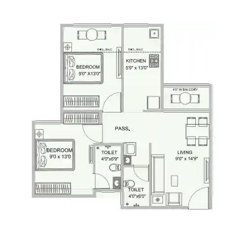 Floor plan of 2 BHK 504 Sq. Ft. Apartment in Siteman Swapnalok, Thane
