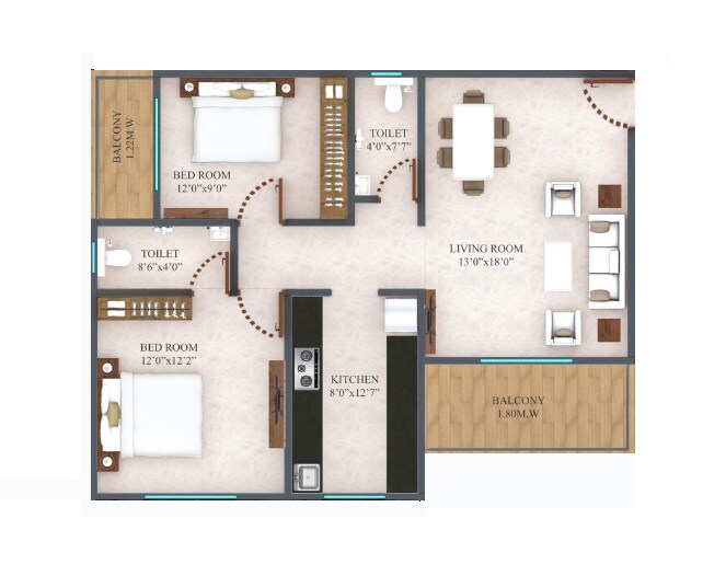 Floor plan of 2 BHK 777 Sq. Ft. Apartment in SK Avdhut, Thane