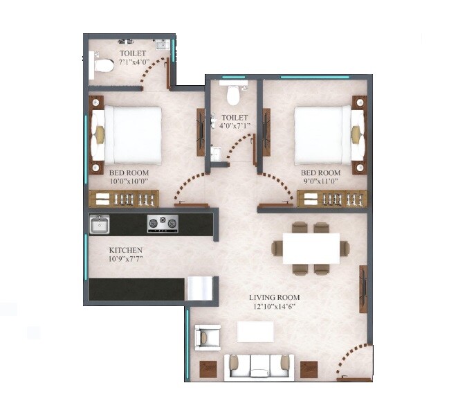 Floor plan of 2 BHK 765 Sq. Ft. Apartment in SK Avdhut, Thane