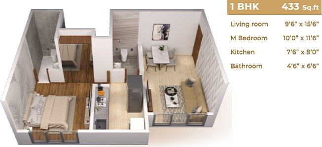 Floor plan of 1 BHK 433 Sq. Ft. Apartment in SK Imperial Garden, Thane