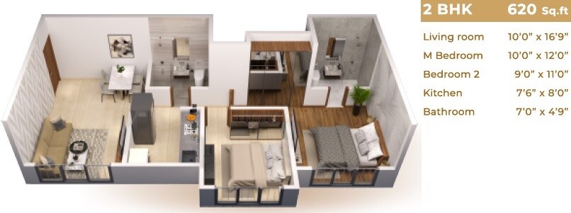 Floor plan of 2 BHK 620 Sq. Ft. Apartment in SK Imperial Garden, Thane