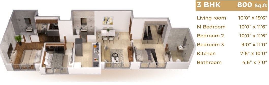 Floor plan of 3 BHK 800 Sq. Ft. Apartment in SK Imperial Garden, Thane