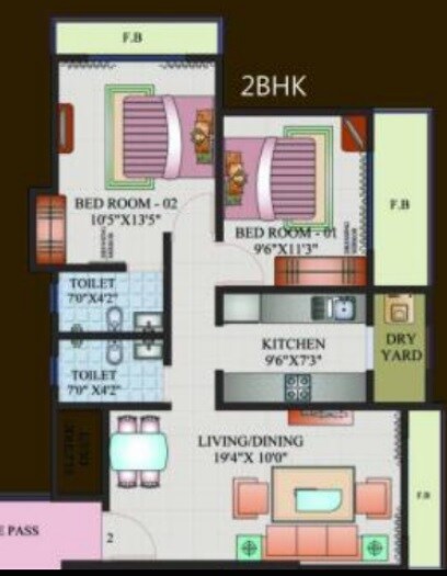Floor plan of 2 BHK 580 Sq. Ft. Apartment in SKD Pinnacolo, Thane