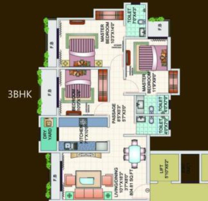 Floor plan of 3 BHK 698 Sq. Ft. Apartment in SKD Pinnacolo, Thane