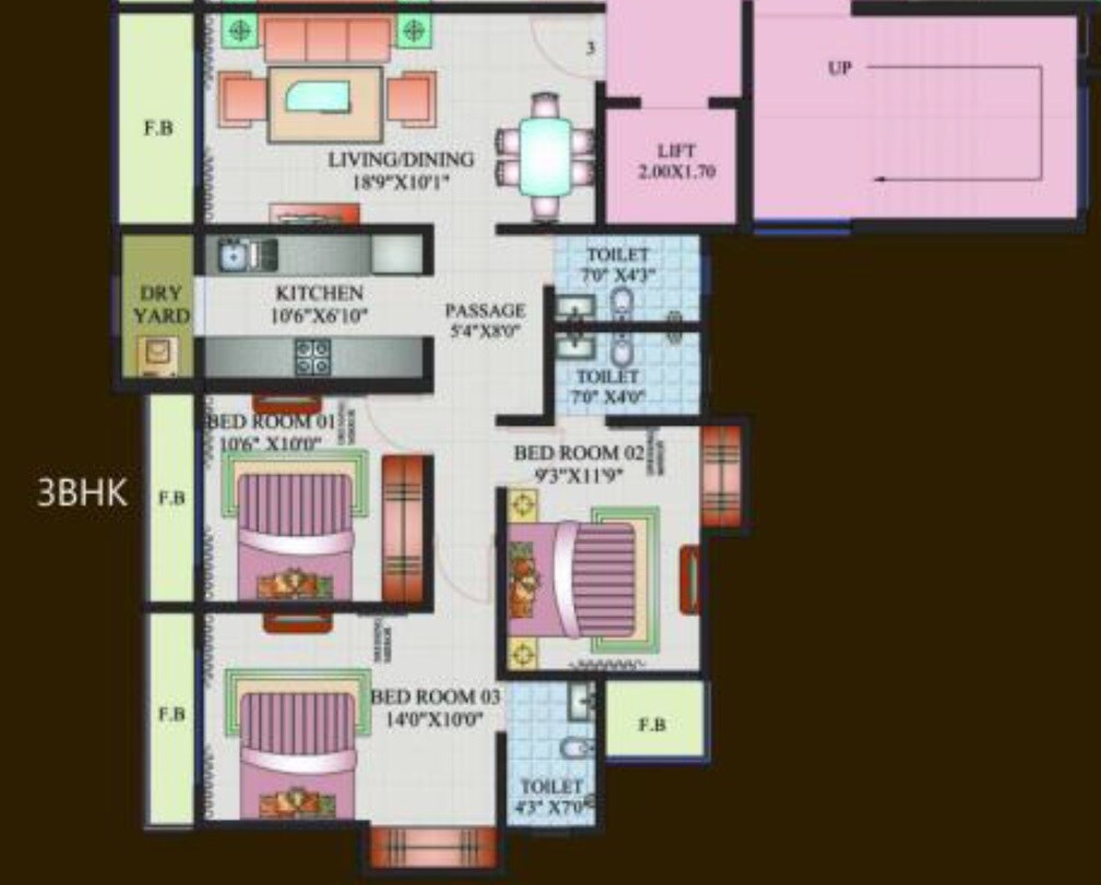 Floor plan of 3 BHK 783 Sq. Ft. Apartment in SKD Pinnacolo, Thane