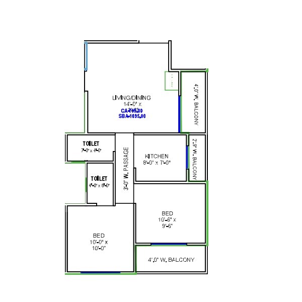Floor plan of 2 BHK 575 Sq. Ft. Apartment in Sky Yash Apartment, Thane