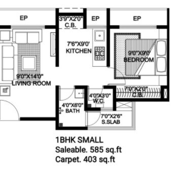 Floor plan of 1 BHK 403 Sq. Ft. Apartment in Skylark Mukta Gharonda, Thane