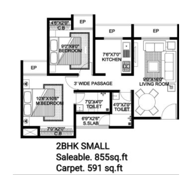 Floor plan of 2 BHK 591 Sq. Ft. Apartment in Skylark Mukta Gharonda, Thane