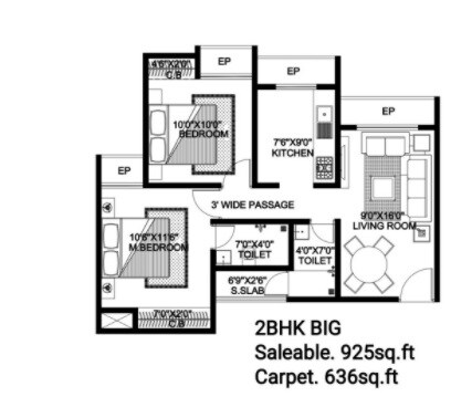 Floor plan of 2 BHK 636 Sq. Ft. Apartment in Skylark Mukta Gharonda, Thane