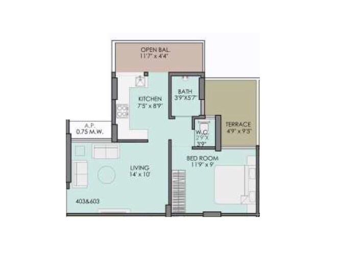 Floor plan of 1 BHK 377 Sq. Ft. Apartment in Skyspace Raj Silverstone, Thane