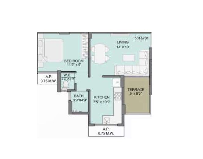Floor plan of 1 BHK 389 Sq. Ft. Apartment in Skyspace Raj Silverstone, Thane