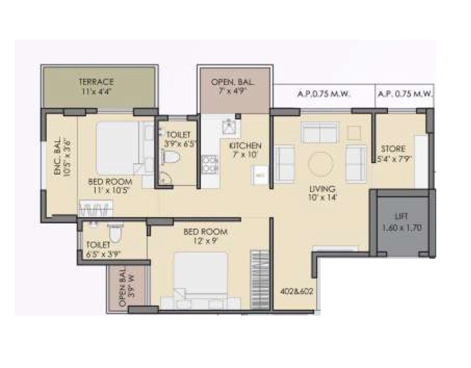 Floor plan of 2 BHK 494 Sq. Ft. Apartment in Skyspace Raj Silverstone, Thane