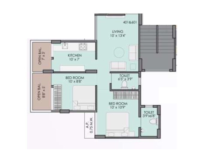 Floor plan of 2 BHK 615 Sq. Ft. Apartment in Skyspace Raj Silverstone, Thane