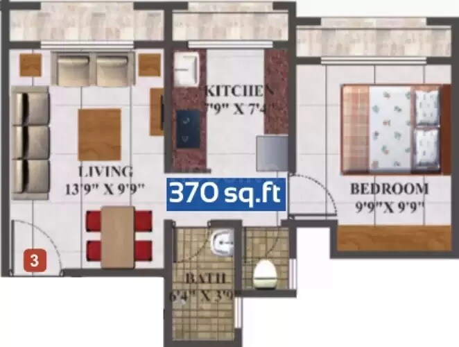 Floor plan of 1 BHK 370 Sq. Ft. Apartment in Skywards Vision Regency, Thane
