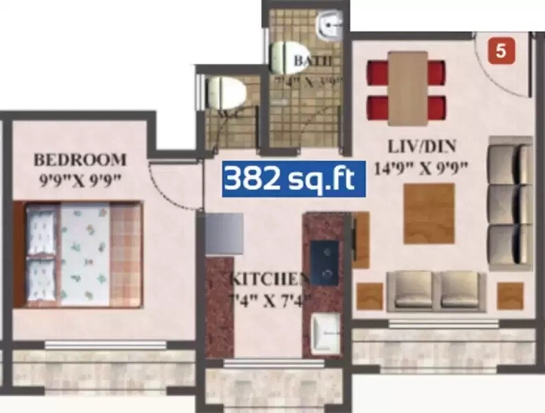 Floor plan of 1 BHK 382 Sq. Ft. Apartment in Skywards Vision Regency, Thane
