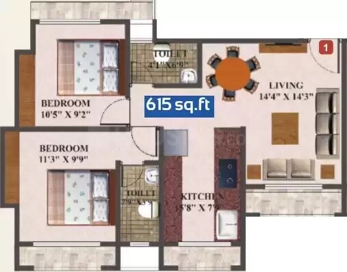 Floor plan of 2 BHK 615 Sq. Ft. Apartment in Skywards Vision Regency, Thane