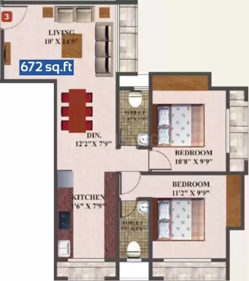 Floor plan of 2 BHK 672 Sq. Ft. Apartment in Skywards Vision Regency, Thane