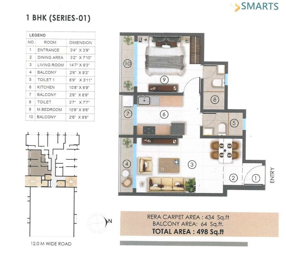 Floor plan of 1 BHK 434 Sq. Ft. Apartment in Smarts Shatataraka Dilip Kunj, Thane