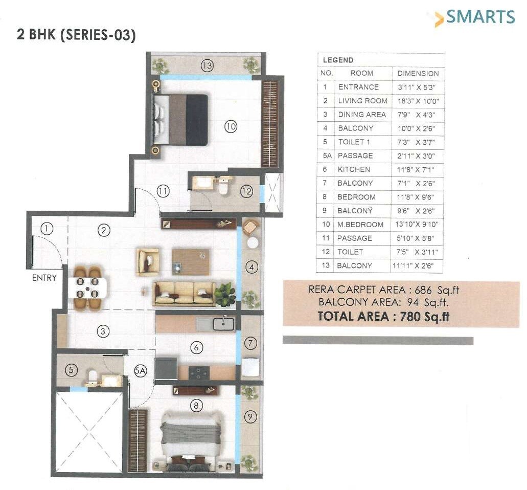 Floor plan of 2 BHK 686 Sq. Ft. Apartment in Smarts Shatataraka Dilip Kunj, Thane