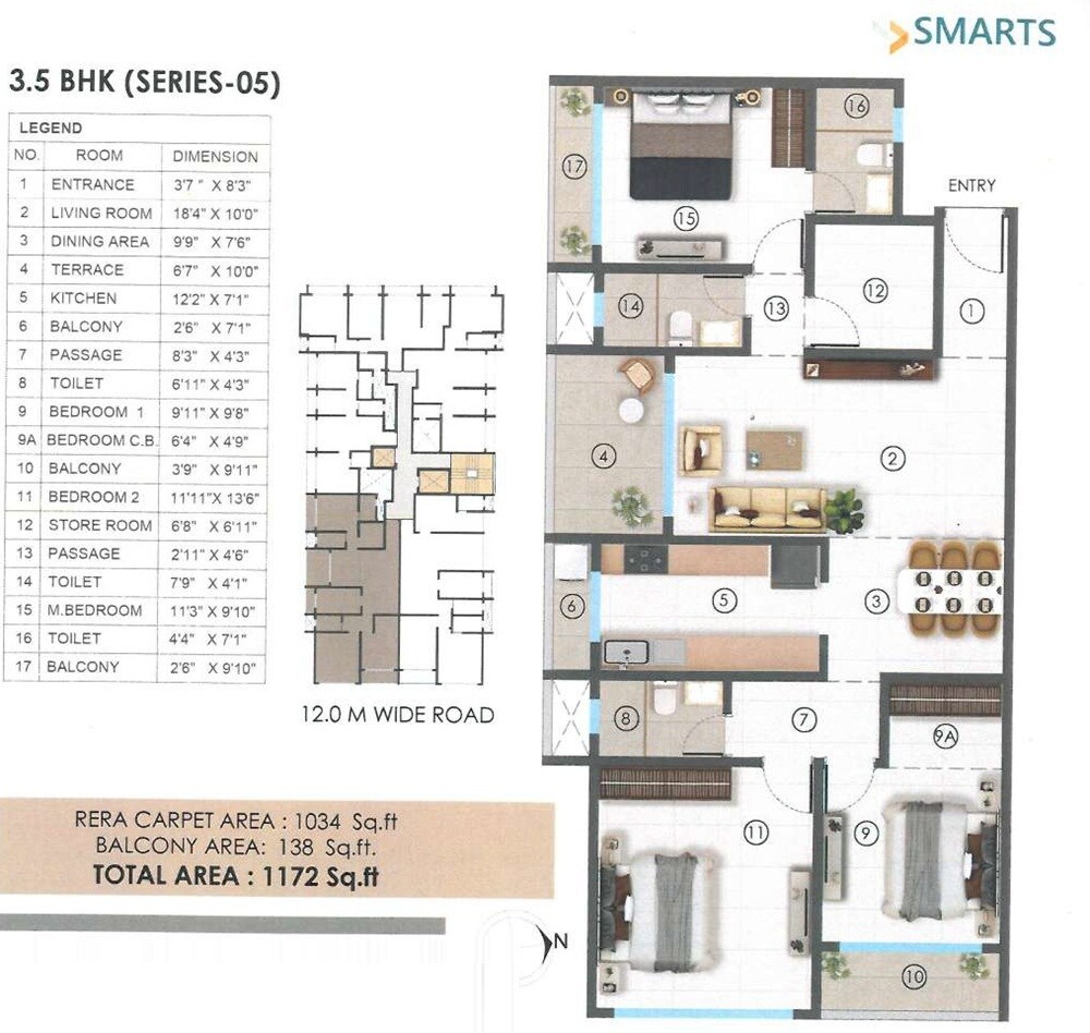 Floor plan of 3 BHK 1034 Sq. Ft. Apartment in Smarts Shatataraka Dilip Kunj, Thane