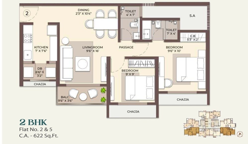 Floor plan of 2 BHK 623 Sq. Ft. Apartment in Smit Vista, Thane
