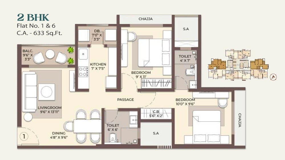 Floor plan of 2 BHK 633 Sq. Ft. Apartment in Smit Vista, Thane