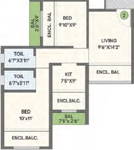 Floor plan of 2 BHK 417 Sq. Ft. Apartment in Sneh Serene, Thane